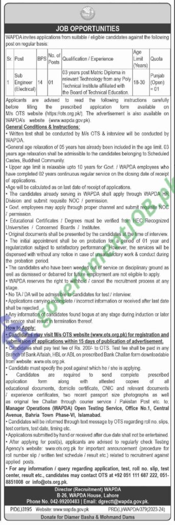 WAPDA 2024 Jobs for Sub-Engineer (Electrical)