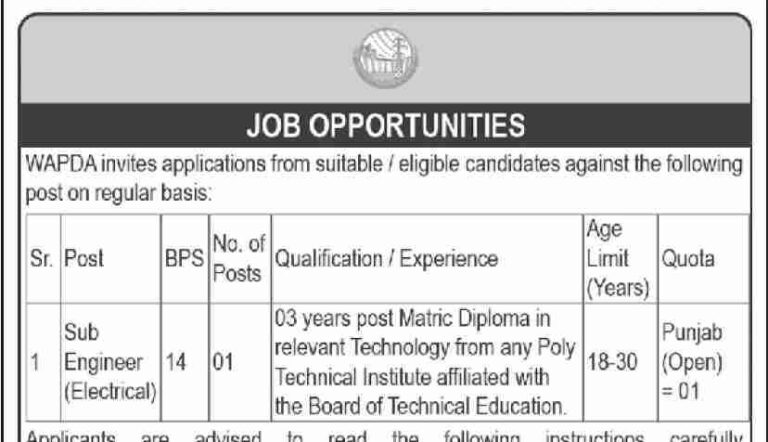 WAPDA 2024 Jobs for Sub-Engineer (Electrical)