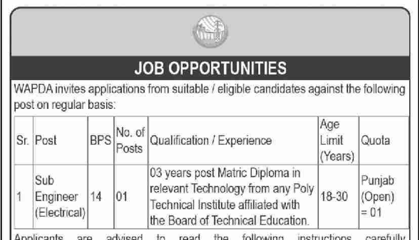 WAPDA 2024 Jobs for Sub-Engineer (Electrical)