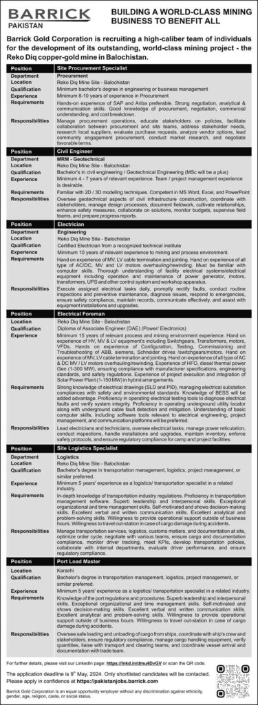 Barrick Gold Pakistan Jobs 2024 – Reko Diq Mine Site