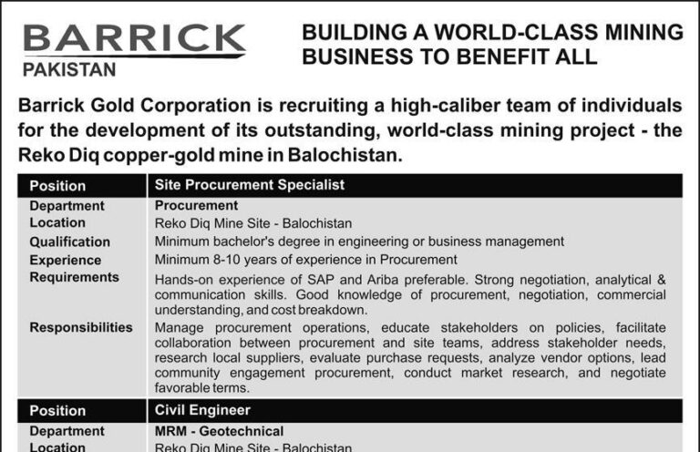 Barrick Gold Pakistan Jobs 2024 – Reko Diq Mine Site