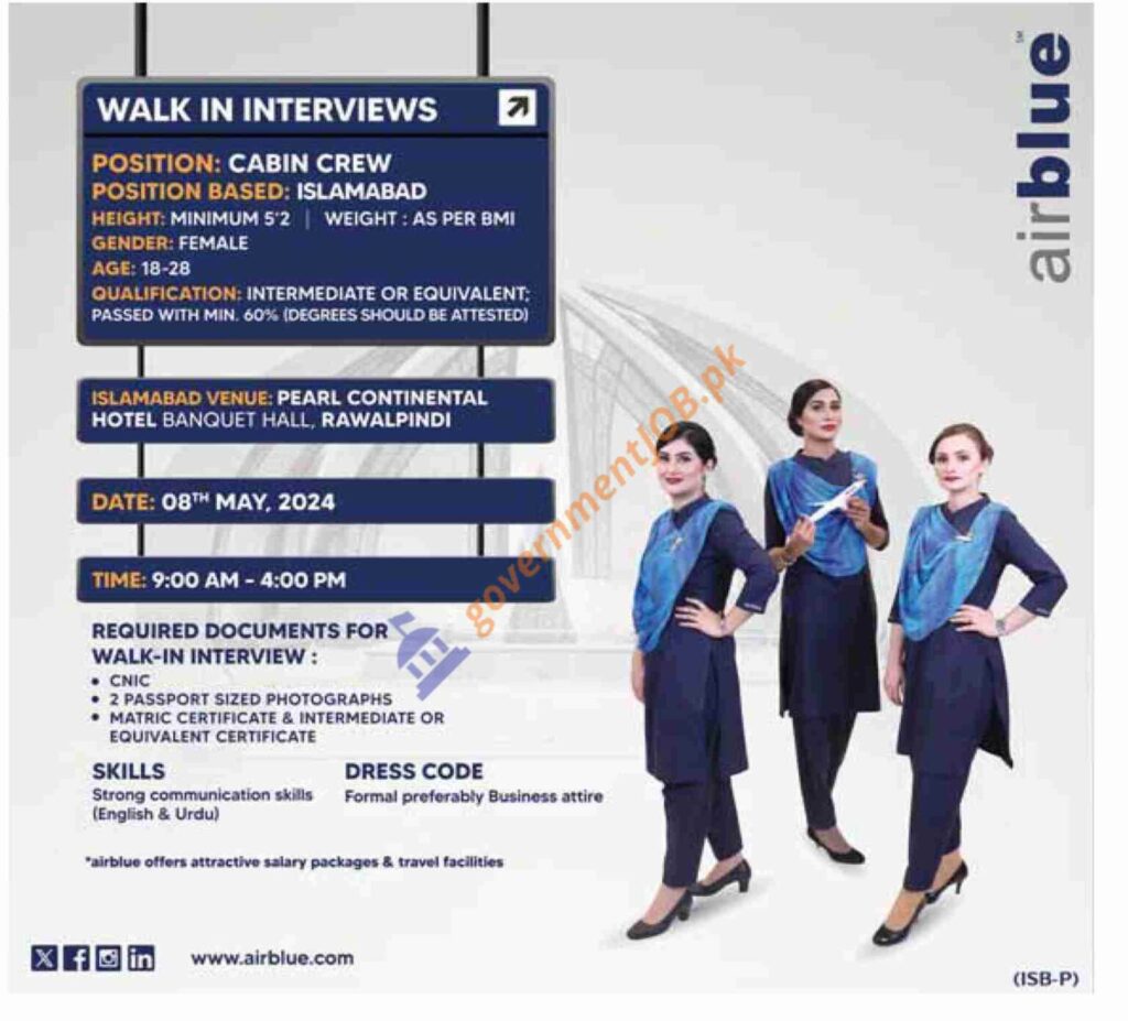 AirBlue Jobs 2024 – Female Cabin Crew Opportunities In Islamabad