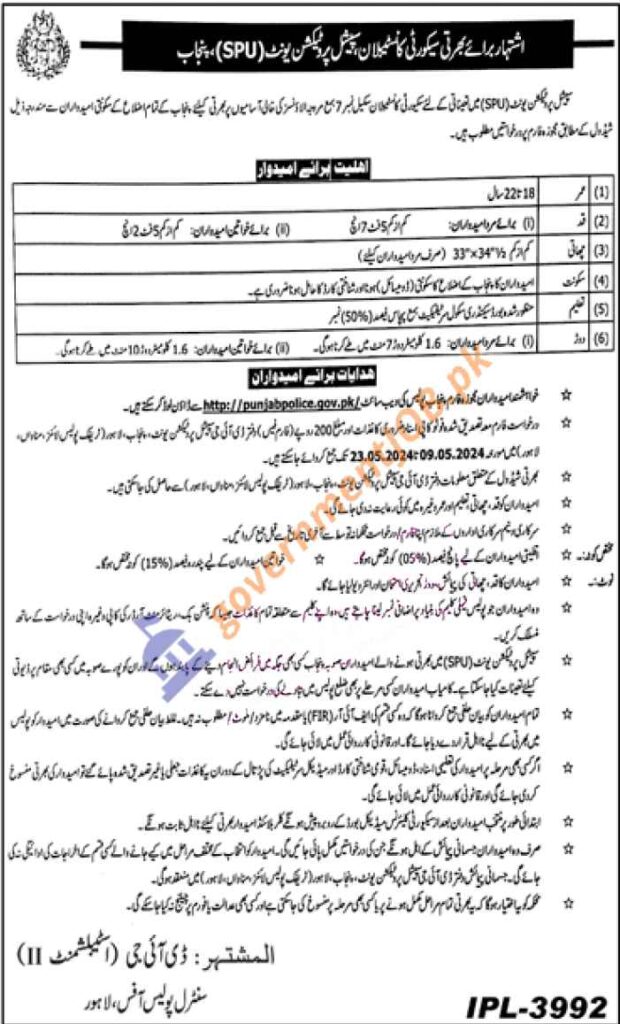 Special Branch Punjab Police Jobs 2024 SPU Security Constables Recruitment